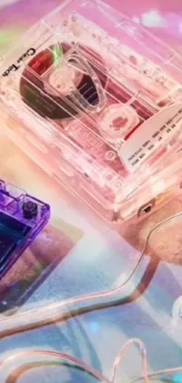 This phone live wallpaper showcases a vibrant, holographic image of two vintage cassettes and a pair of pink headphones
