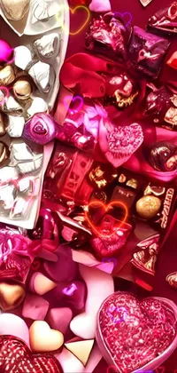 This phone live wallpaper showcases a heart-shaped box brimming with assorted chocolates in lovely shades of brown and magenta