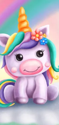 This phone live wallpaper features a cute and colorful unicorn sitting on a cloud