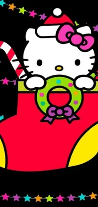 Looking for a fun and festive live wallpaper for your phone? Look no further than this adorable Hello Kitty Christmas stocking with candy cane design! The colourful and playful Romero Britto-inspired picture is sure to bring a smile to your face, especially at nighttime with its twinkling background filled with vines