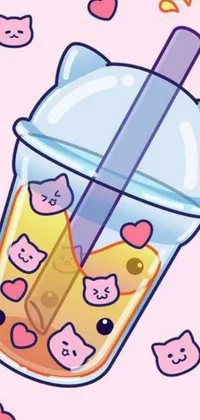 Enjoy a cute and whimsical phone live wallpaper of a delightful cup of tea with a straw and playful cats