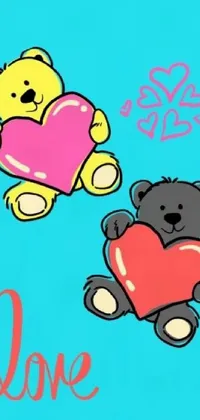 This live wallpaper for your phone features two cuddly teddy bears holding a heart against a fun pop-art inspired background in turquoise, pink, and yellow colors
