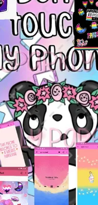 This live wallpaper for your phone features a playful collage of photos showcasing an adorable panda bear wearing a beautiful flower crown