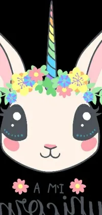 This lively phone wallpaper features a cute bunny wearing a dainty floral crown on a black background
