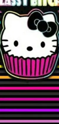 This live wallpaper features a vibrant hello kitty cupcake with a joyful bow on top against a striking rainbow stripe pattern background