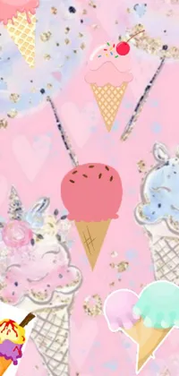 This lively live wallpaper showcases ice cream cones against a soft, baby pink background