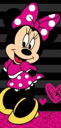 This live phone wallpaper features a pink-bowed Minnie Mouse, in Disney pop-art style, with black-and-white hearts on a dark background striped with pink and white