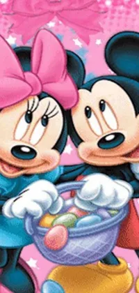 Looking for a playful and colorful live wallpaper for your phone? Look no further than this digital rendering of a pop art Mickey and Minnie Mouse! Zoomed in and candy-coated, this movie screenshot style wallpaper features vibrant colors and playful circle and dot graphics