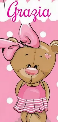 This lively phone wallpaper showcases a charming brown teddy bear wearing a striking pink dress