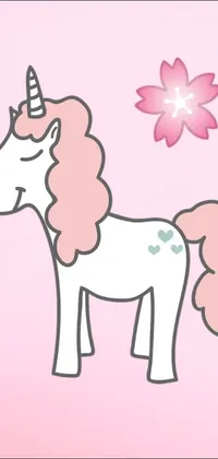 This phone live wallpaper depicts a stunning unicorn standing beside a colorful flower on a soft pink background