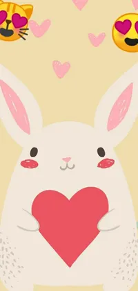 This phone live wallpaper is a cute digital art of a cartoon bunny, holding a heart in front of a cat
