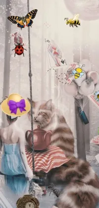 This phone live wallpaper showcases a whimsical scene of a cat dressed in a bee costume and a fancy dress, sitting on a swing suspended from a tree branch