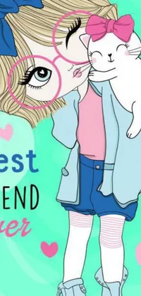 This live phone wallpaper portrays a cartoon style illustration of a girl kissing her cat with the words "best friend ever