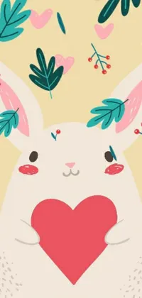 This live phone wallpaper is a stunning vector art portrayal of a white rabbit holding a red heart