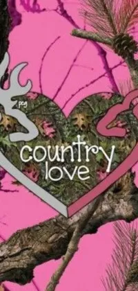 This phone live wallpaper boasts a captivating pink camo background adorned with the phrase "Country Love" in stylish lettering, complemented by a playful cartoon image