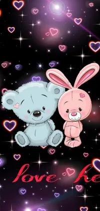 This live wallpaper showcases a pair of adorable teddy bears cuddled up next to each other, complemented by a stunning Amoled background