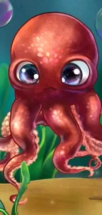 This phone live wallpaper features a playful digital painting of an adorable octopus with bubbles emerging from its mouth
