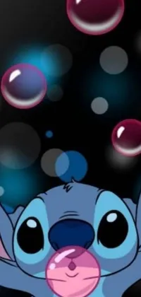 This phone live wallpaper features an adorable cartoon character blowing bubbles on a black background