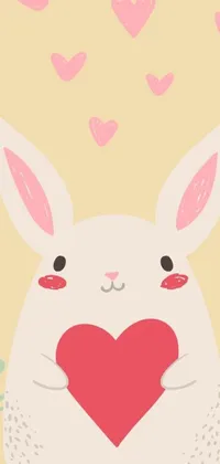 This live wallpaper for your phone depicts a white rabbit clutching a red heart against a soft gradient background of pink and blue