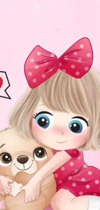 This mobile live wallpaper displays a sweet porcelain doll hugging an adorable dog on a soft pink backdrop