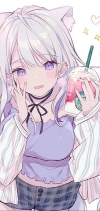 This phone live wallpaper features a stunning anime-style drawing of a white-haired girl holding a drink, set against a beautiful lilac background