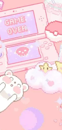This phone live wallpaper showcases a collection of adorable pixel art items, featuring a cat theme banner