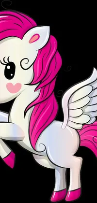 Get charmed by this adorable pink and white pony with a crown! This cartoon style illustration by Zahari Zograf comes with two sets of wings, and has a black background
