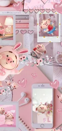 This mobile wallpaper features lovely digital art of adorable piglets arranged on a table in pastel colors