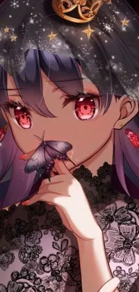 This animated phone wallpaper depicts a young anime girl wearing a crown and adorned in gothic-inspired attire with shades of purple and red