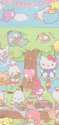 This live phone wallpaper features a group of adorable Hello Kitty stickers arranged on a table with forest picnic art as the background