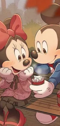 This live wallpaper depicts a heartwarming image of two cartoon characters sitting on a bench in a park during autumn