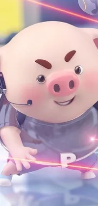 This phone live wallpaper depicts a close-up of a toy pig resting on a wooden table, flanked by a blurred picture in the background