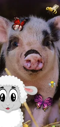 This live wallpaper brings a heartwarming image of a small pig and sheep standing side-by-side in a green field
