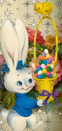 This phone live wallpaper features an adorable white rabbit holding a basket of candy and a yellow bird on a festive Christmas card