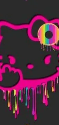 This phone live wallpaper showcases a close-up of a colorful and distinctive Hello Kitty painting on a brick wall