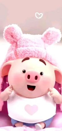 This live wallpaper showcases a cute stuffed animal of Peppa Pig on a bed