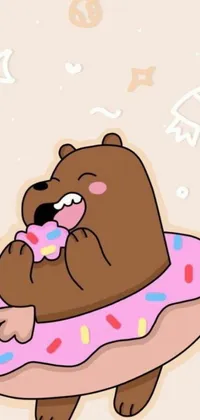 Get a fun and lively live wallpaper for your phone featuring a cute brown bear perched atop a pink donut, with cute and quirky tumblr-themed background adorned with joyful emojis like 😃😀😄☺🙃😉😗