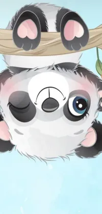 This phone live wallpaper features a playful and adorable panda bear hanging upside down on a tree branch
