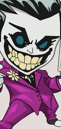 The live wallpaper features a colorful and playful cartoon character dressed in a purple fancy suite, holding a sleek and modern cell phone in a high-quality vector art style