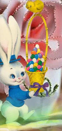 This adorable phone live wallpaper showcases a digital painting of a charming bunny holding a basket of colorful eggs with a bird sitting atop it - a scene that perfectly captures the essence of spring