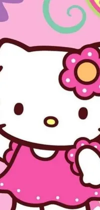 This phone live wallpaper features the beloved character of Hello Kitty standing surrounded by a serene pink background
