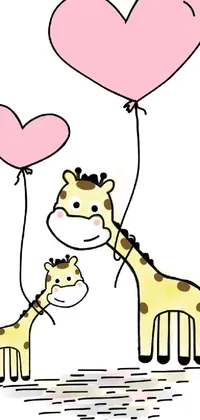 This live wallpaper features a playful and expressive giraffe holding a heart-shaped balloon, set against a dreamlike backdrop of fluffy clouds