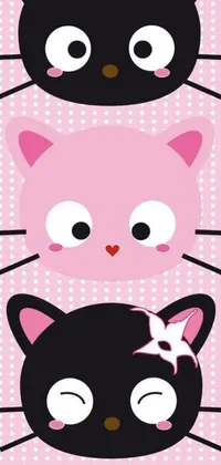 This live phone wallpaper features three adorable cats in black and pink on a vibrant pink background