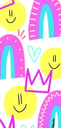 This colorful live phone wallpaper features rainbows and crowns along with hearts, a cute squirrel holding a cocktail and a lemon, and a happy smiley face, all designed in vibrant neon colors