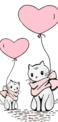 This phone live wallpaper showcases a delightful illustration of a cat holding a heart-shaped balloon against a white and pink backdrop