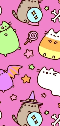 This live wallpaper features a delightful array of cats frolicking on a pink background, alongside a charming cartoon version of Hagrid