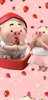 This phone live wallpaper features two adorable pigs sitting in a box surrounded by strawberries and a red rose