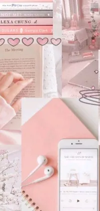 This live wallpaper features a white teddy bear on a book pile, created in the "Emma Ríos" style with a pink color palette