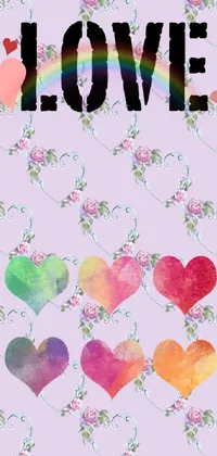Looking for a romantic live wallpaper that will add a touch of whimsical charm to your phone display? Check out this lovely design featuring two hearts sitting next to each other, surrounded by lush botanicals in a rainbow of colors
