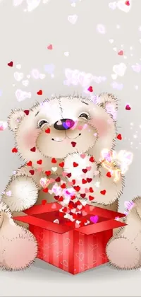 This live wallpaper is a delightful design featuring a cute teddy bear seated on a red box, surrounded by falling pink and red hearts